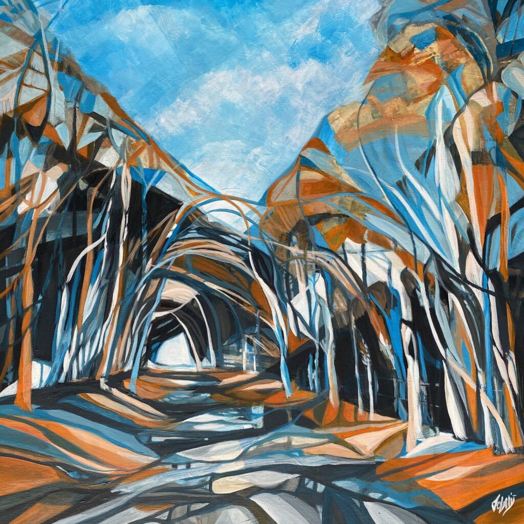 orange and blue wall art