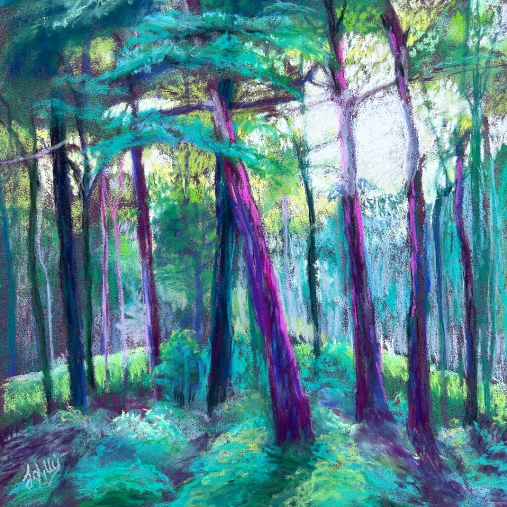 pastel painting of a woodland in pinks purples and green