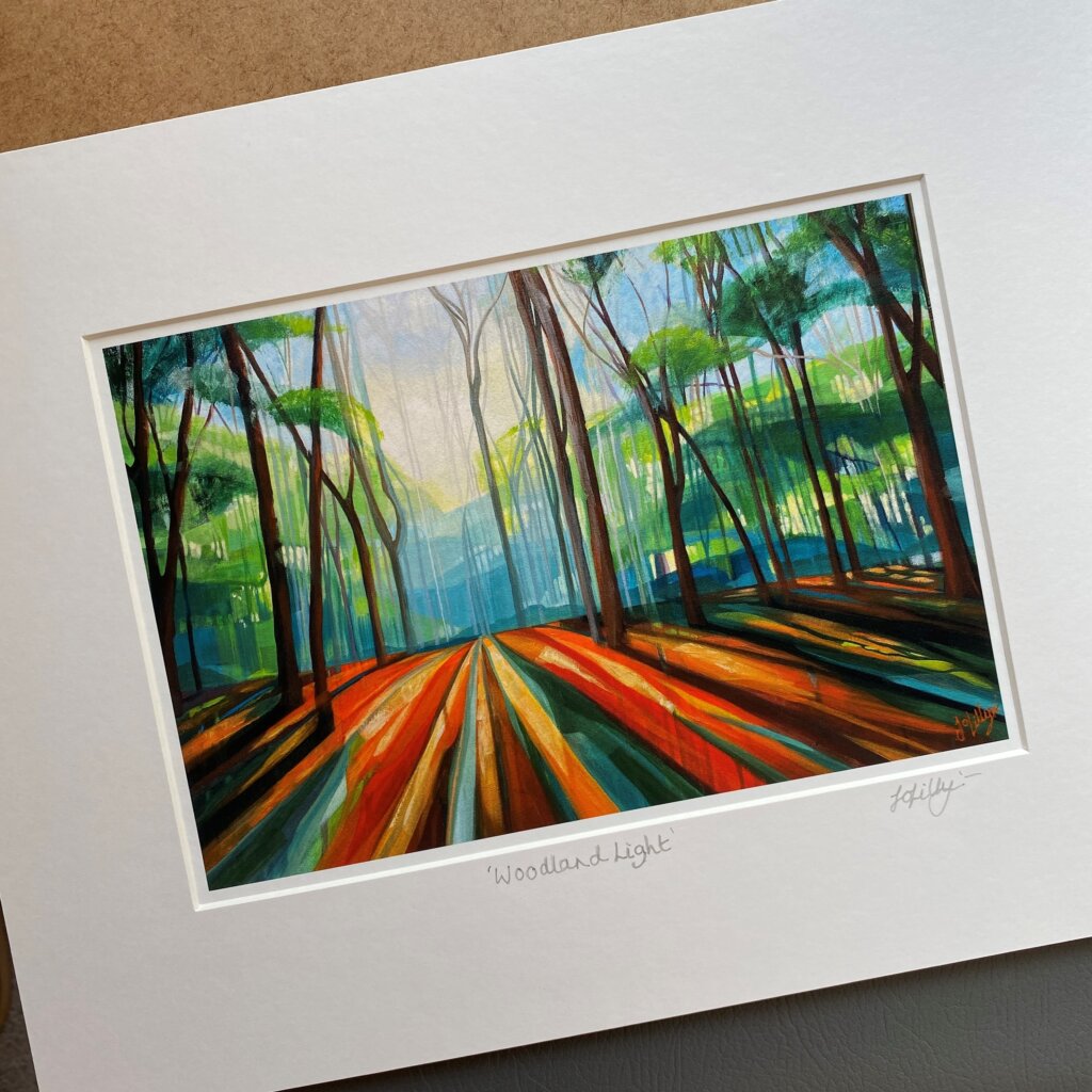 woodland-painting with green trees and orange forest floor with beams of light