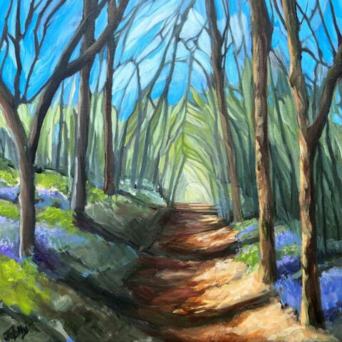 Bluebell Way 30x30cm framed £325 woodland path with bluebells