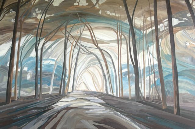 Jay Woods semi-abstract painting of an avenue of trees using the colours of the Jay bird. Shades of brown and flashes of blue and turquoise