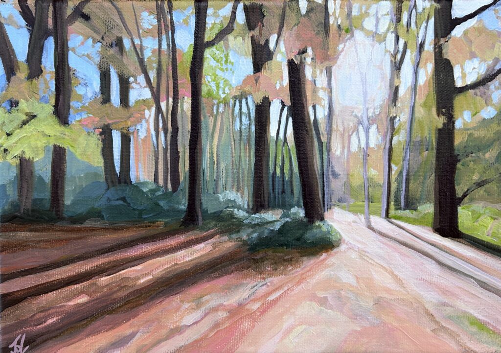 painting of sunlight through trees in the woods